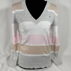 Tommy Hilfiger Women's V-Neck Striped Sweater in Gray, Pink & Cream
